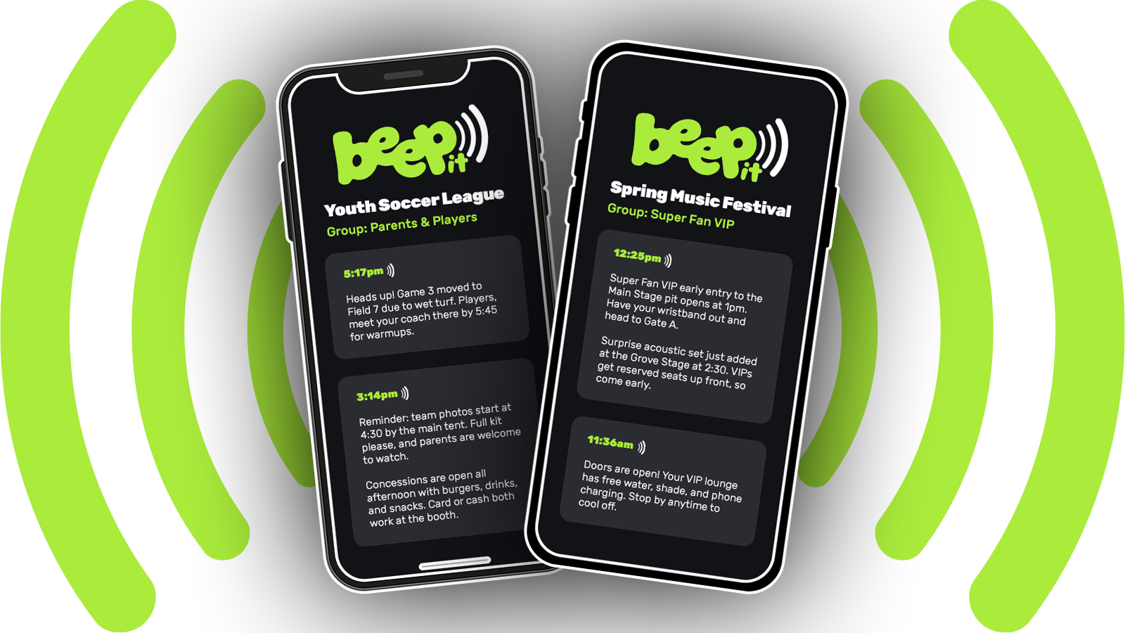 beepit app screenshots showing real-time event text updates for a youth soccer league and a spring music festival