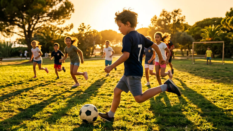 Kids playing soccer at a youth sports tournament