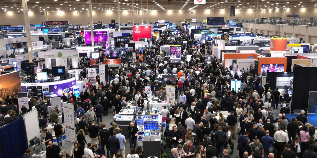 Aerial view of a busy trade show floor with exhibitor booths and attendees