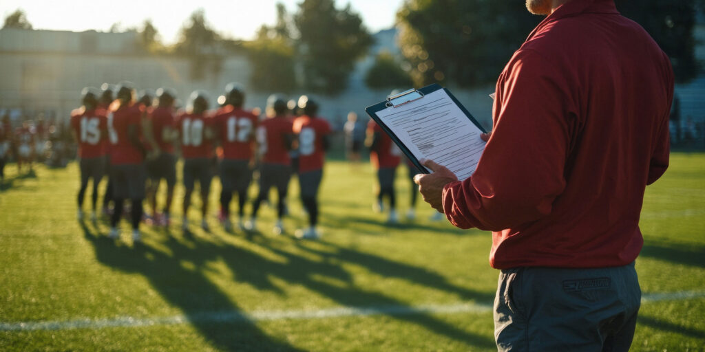 Youth sports coach checking a tournament schedule on a clipboard with the team in the background