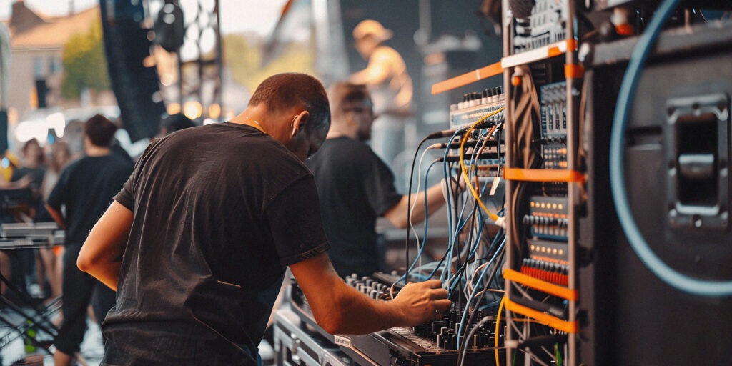 Concert crew working the soundboard backstage before a show