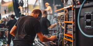 Concert crew working the soundboard backstage before a show