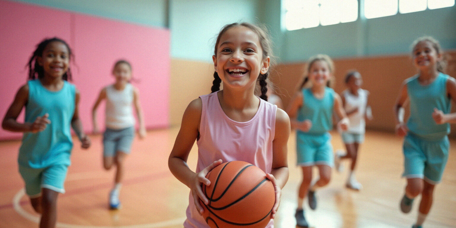 Young girls playing basketball together during a youth sports tournament