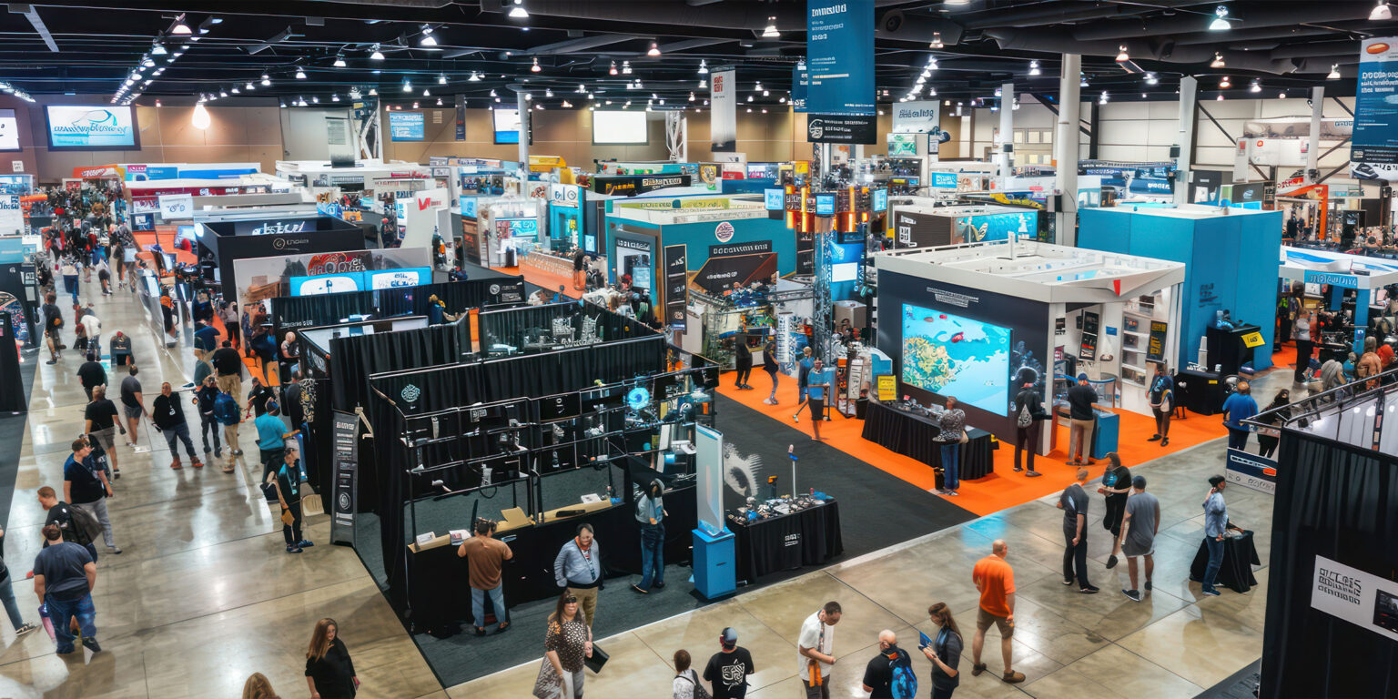 Aerial view of a busy convention expo floor with attendees browsing exhibitor booths