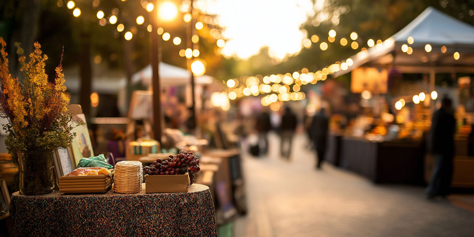 Evening festival market with string lights, vendor stalls, and attendees walking through